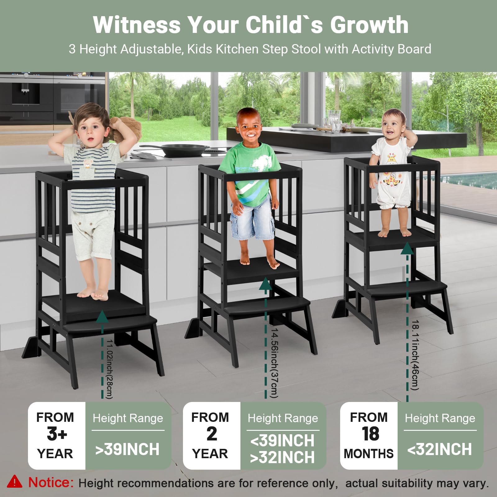 COSYLAND Height Adjustable Kids Kitchen Step Stool with Anti-tip Support Corners - Kids Standing Tower for Kitchen Counter, Bathroom, Nursery (Black)