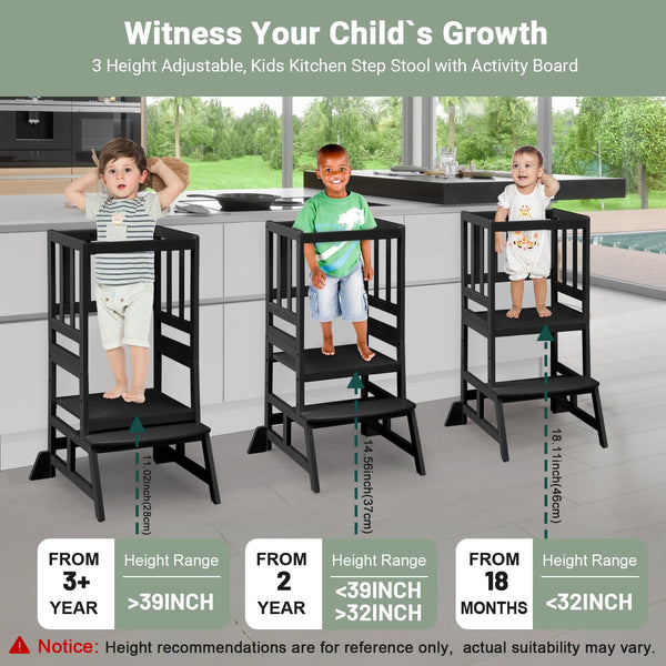 COSYLAND Height Adjustable Kids Kitchen Step Stool with Anti-tip Support Corners - Kids Standing Tower for Kitchen Counter, Bathroom, Nursery (Black)