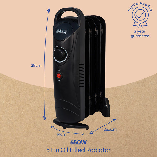 Russell Hobbs 1500W/1.5KW Oil Filled Radiator, 7 Fin Portable Electric Heater - White, Adjustable Thermostat with 3 Heat Settings, Safety Cut-off, 15 m sq Room Size, RHOFR5001, 2 Year Guarantee