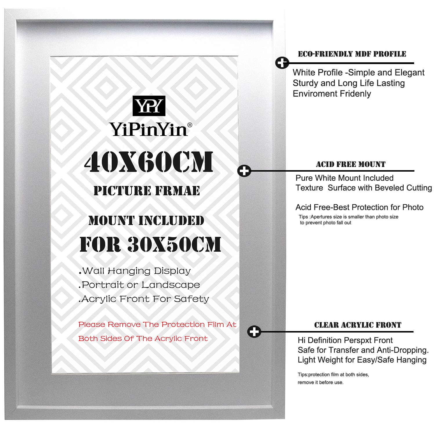 Black 50x70cm Boxed Picture Frames Set of 3 with Mounts for 40x60cm, 70x50cm poster frame with Acid Free mount for 40x60cm photo (Black 3Pack)