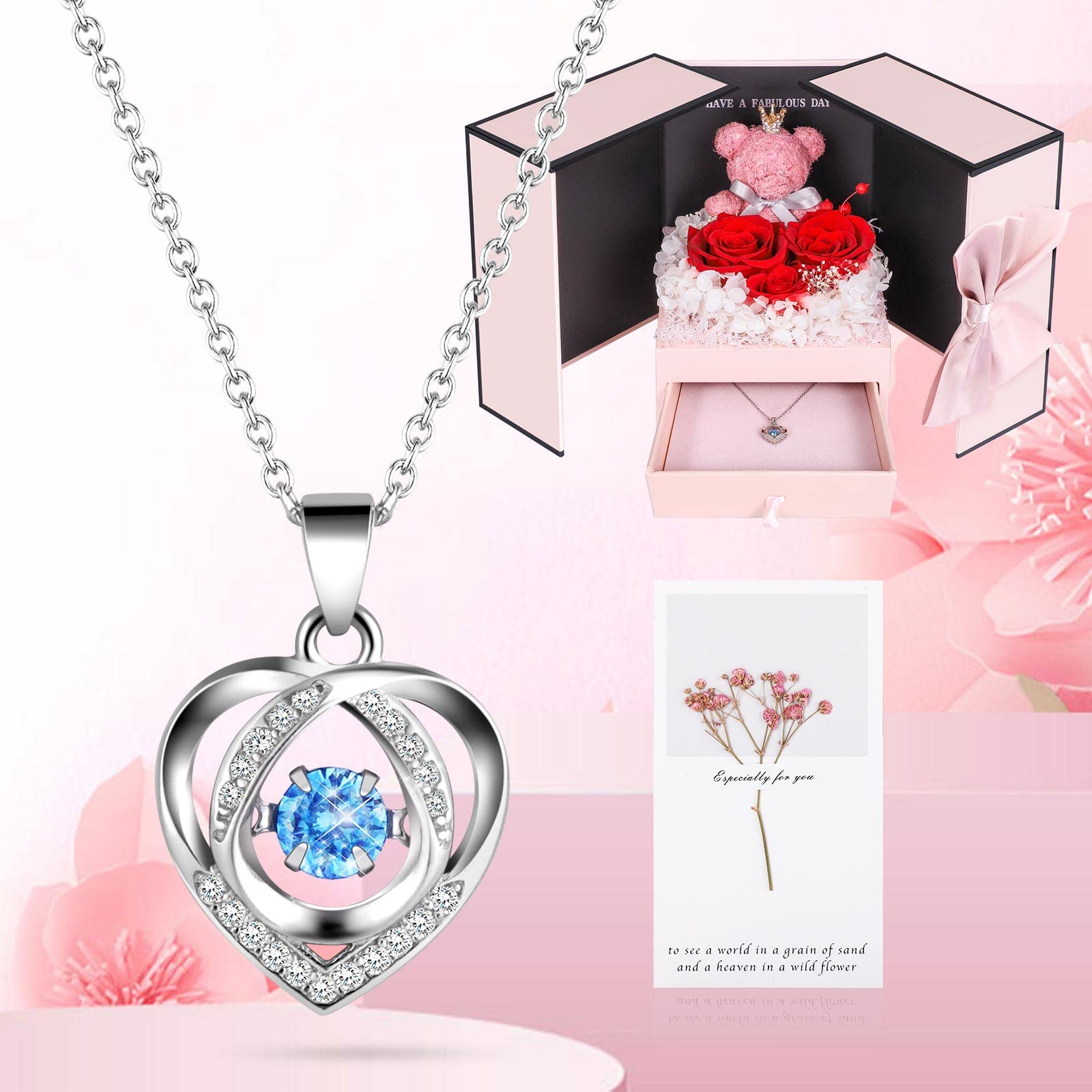 ADDWel Romantic Roses Gifts for Her, Preserved Roses Forever Flowers with Sterling Silver Necklace for Wife Girlfriend on Birthday Anniversary Mothers