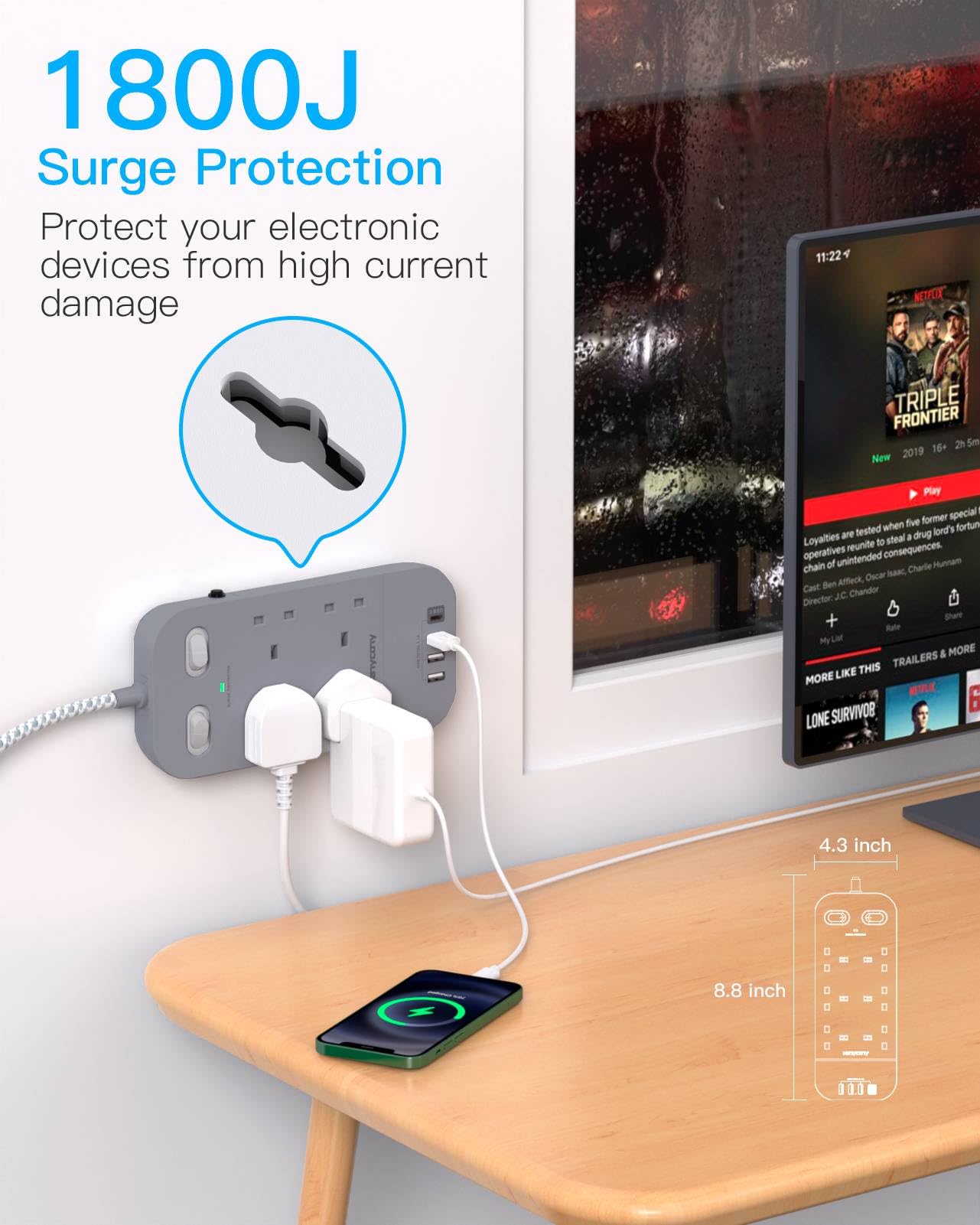 4 Way Surge Protected Extension Lead with USB Slots, HANYCONY Extension Cable with Double Switches, Plug Extension Socket 1.8M Braided Extension Cord for Home Office Accessories, Gray