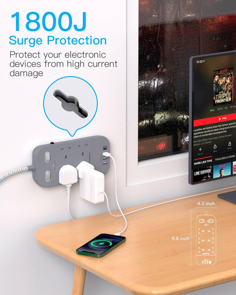 4 Way Surge Protected Extension Lead with USB Slots, HANYCONY Extension Cable with Double Switches, Plug Extension Socket 1.8M Braided Extension Cord for Home Office Accessories, Gray