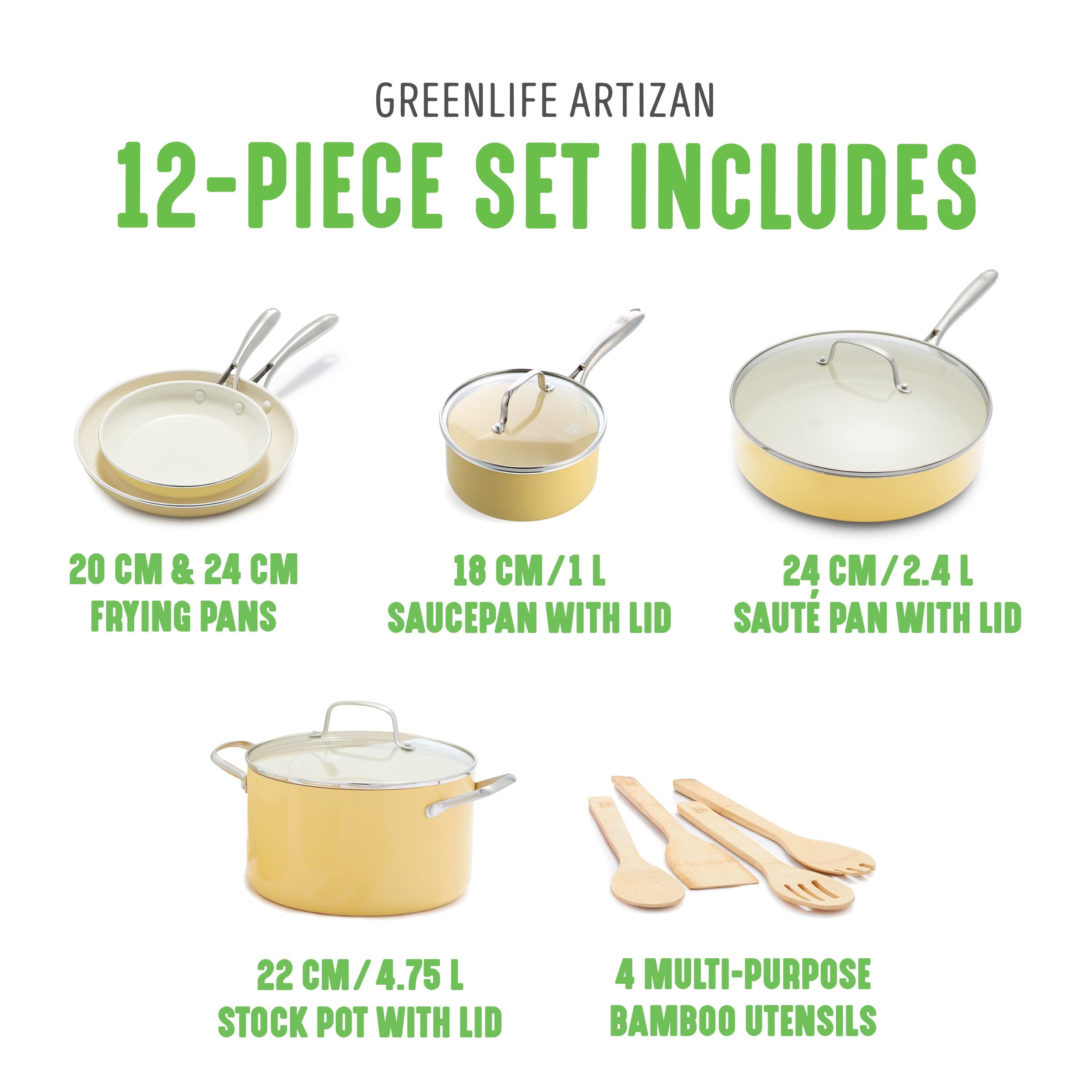 GreenLife Artizan Healthy Ceramic Non-Stick 12-Piece Cookware Pots and Pan Set, Stainless Steel Handle, PFAS-Free, Induction, Oven Safe, Yellow