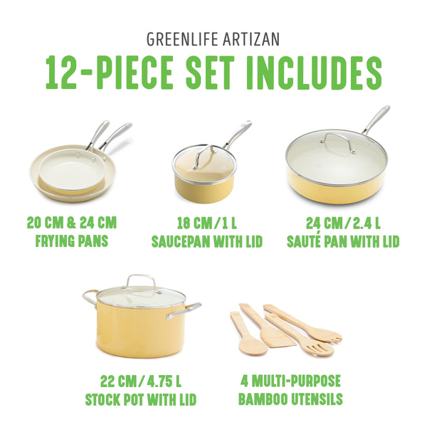 GreenLife Artizan Healthy Ceramic Non-Stick 12-Piece Cookware Pots and Pan Set, Stainless Steel Handle, PFAS-Free, Induction, Oven Safe, Yellow
