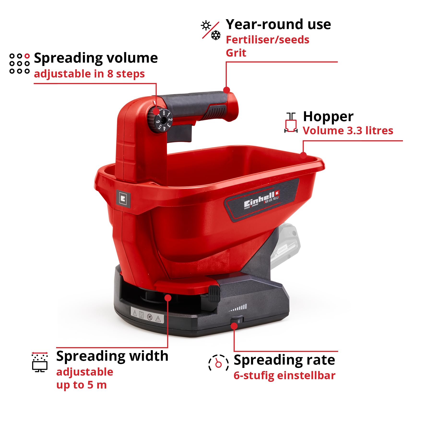 Einhell 3415410 Power X-Change 18V Cordless Spreader - Adjustable Scatter Width, Variable Flow Rate, For Fertilizer, Grass Seed, Salt and Grit - GE-US