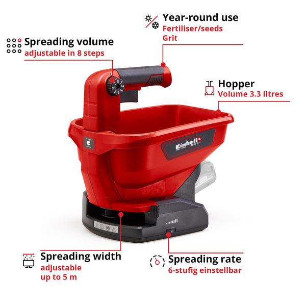 Einhell 3415410 Power X-Change 18V Cordless Spreader - Adjustable Scatter Width, Variable Flow Rate, For Fertilizer, Grass Seed, Salt and Grit - GE-US
