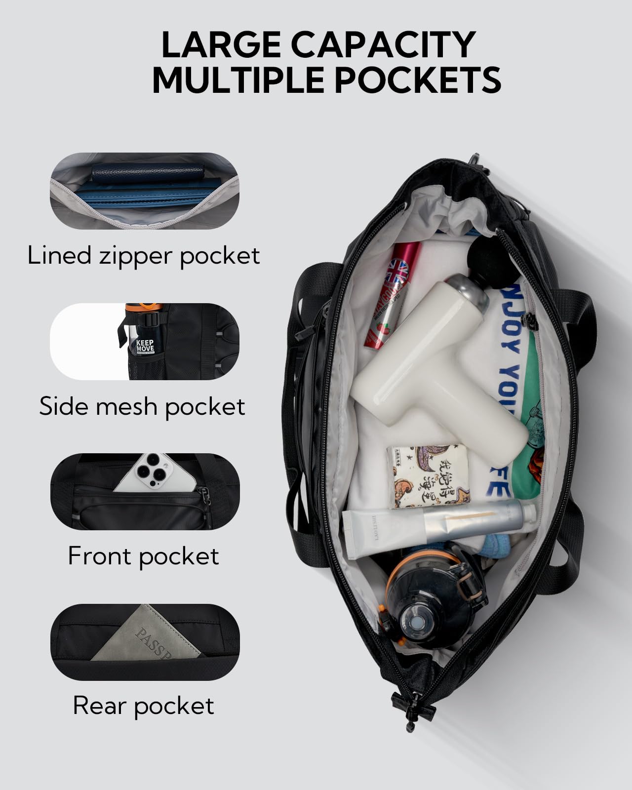 Waterfly Sports Gym Bag Small Duffle Bag for Women Men Water Resistant Weekend Travel Overnight Holdall Bag for Swimming Fitness Black