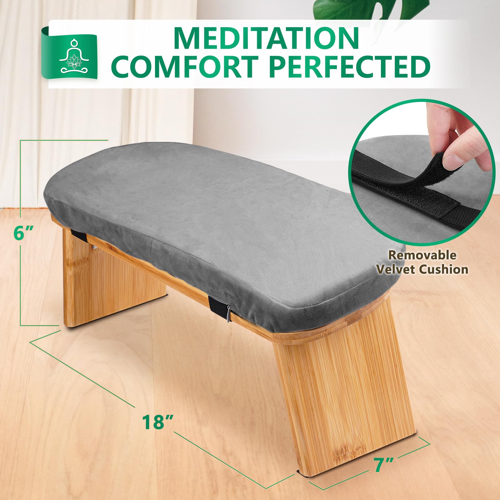 Hihealer Meditation Bench Foldable Bamboo Ergonomic Meditation Stool with Comfortable Cushion, Kneeling or Sitting Perfect for Meditation & Prayer,