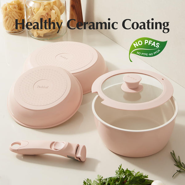 Redchef Ceramic Pots and Pans Set Non Stick, 16 pcs Nonstick Cookware Set with Detachable Handle, Non Toxic, PFAS PFOA & PTFE Free, RV Ceramic Cookware Set for Camping, Oven Safe (Pink)