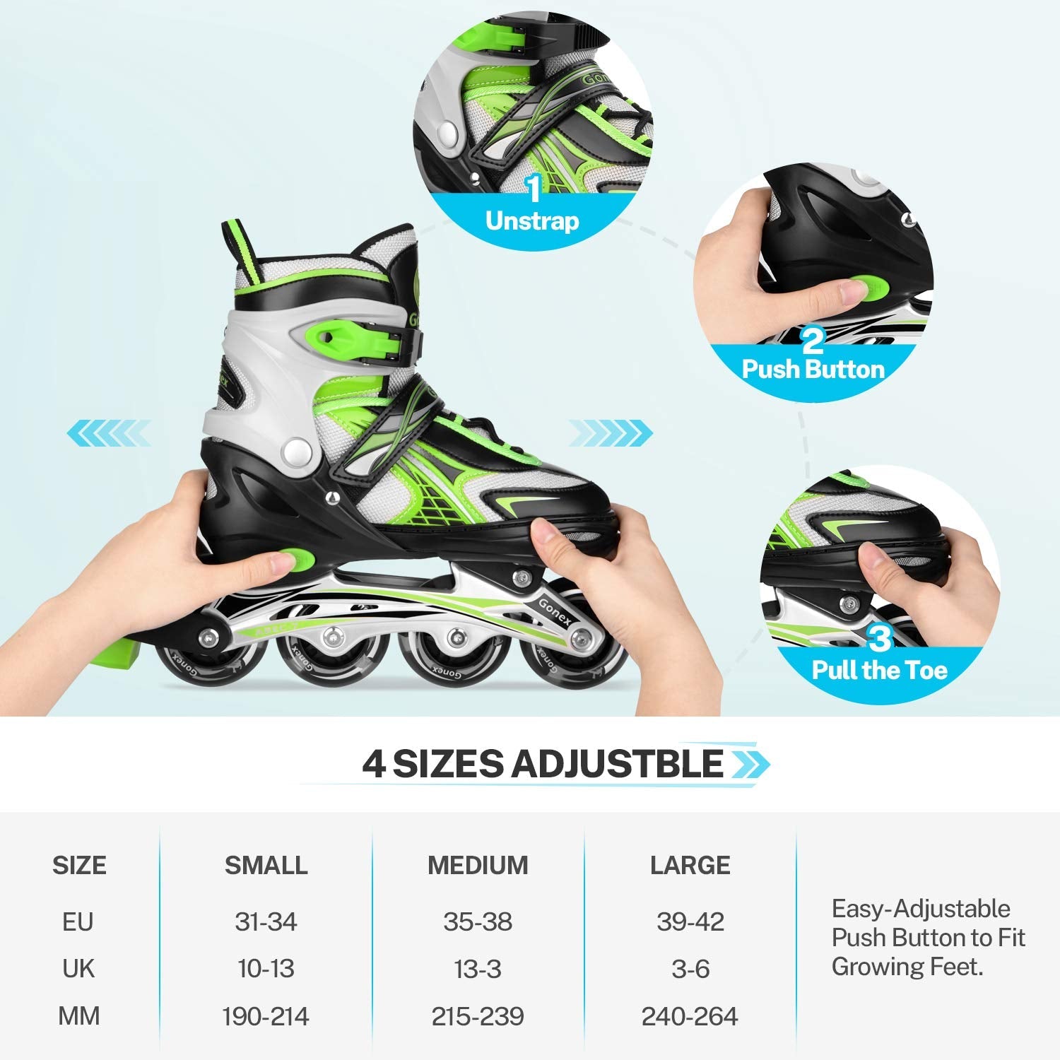 Gonex Children?s Inline Skates, Adjustable Inline Skates for Boys and Girls, EU 31-42, Green, S