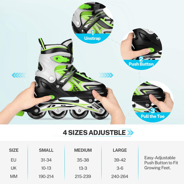 Gonex Children?s Inline Skates, Adjustable Inline Skates for Boys and Girls, EU 31-42, Green, M