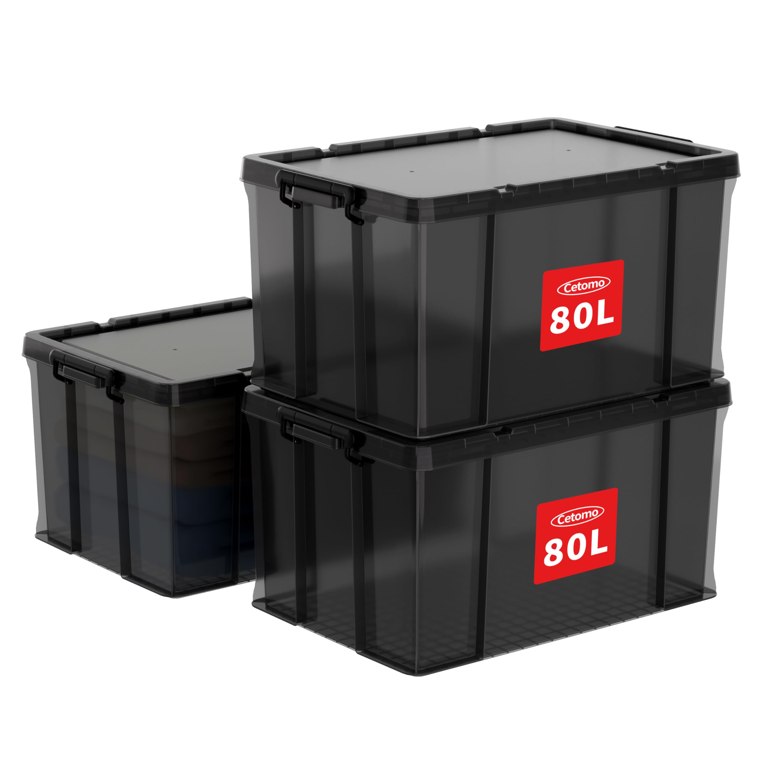 Cetomo 80L*3 Storage Boxes, Stackable Storage Box with Lids, Heavy-Duty Lidded Container with Reinforced Corners, Vertical Sides and Clip Closure,