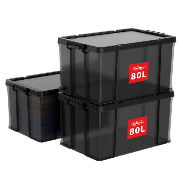 Cetomo 80L*3 Storage Boxes, Stackable Storage Box with Lids, Heavy-Duty Lidded Container with Reinforced Corners, Vertical Sides and Clip Closure,