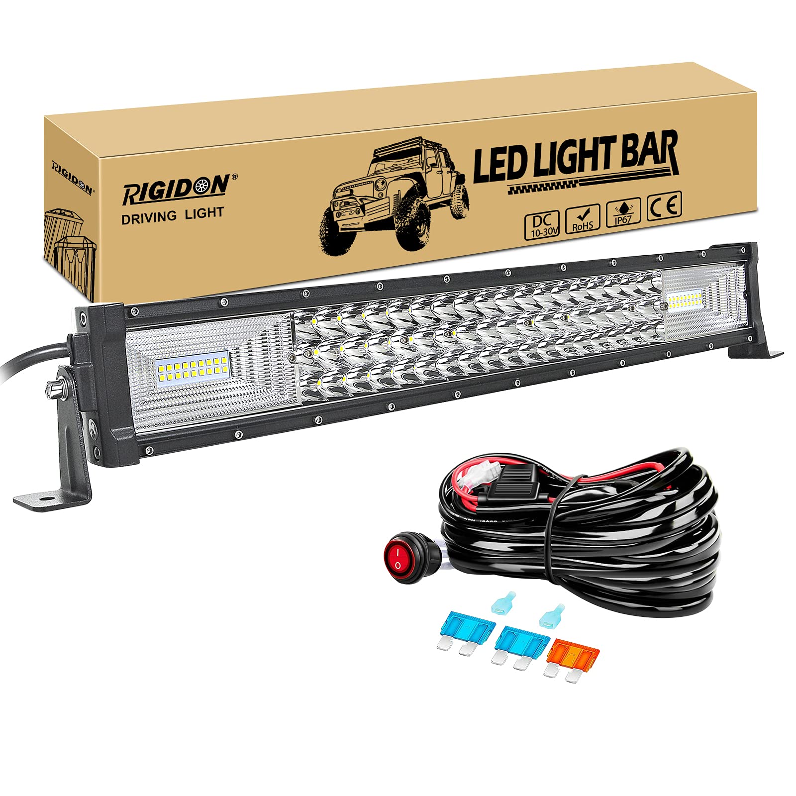 RIGIDON Straight Thin Slim Led Light Bar 22 inch 270W with 12V Wiring Harness Cable Kit, Fog Light for Car Off Road Truck ATV 4x4, Flood Spot Combo Beam, Waterproof Driving Work Lamp, 6000K White