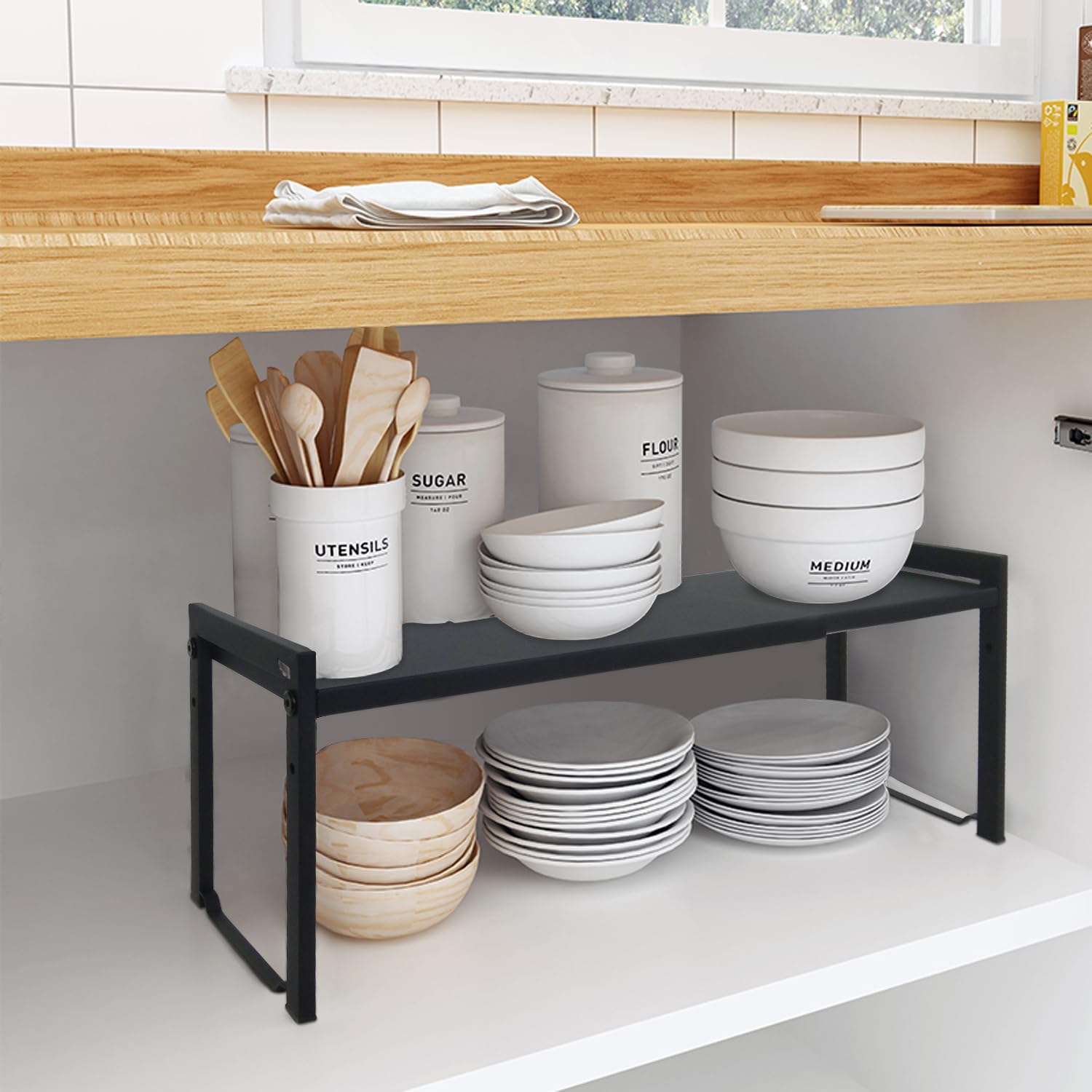 Goodsnetic 2 Packs Expandable Cabinet Shelf 13.8~26"(L), Stackable Kitchen Counter Shelf Organizer, 22LBS Heavy Duty Shelf Riser, Countertop Storage