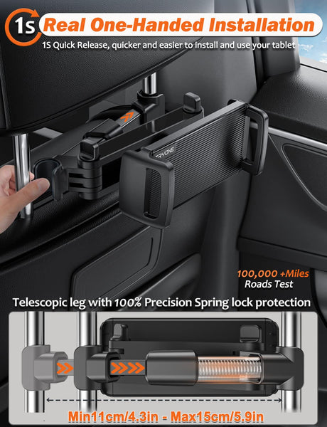 TRYONE Car Headrest Tablet Holder Mount Stretchable Backseat Tablets Stand for Kids, Car Seat Mounts Compatible with iPad Pro 12.9 Air Mini, iPhone, Galaxy Tab, Switch, All 4.7-12.9" Screen Devices
