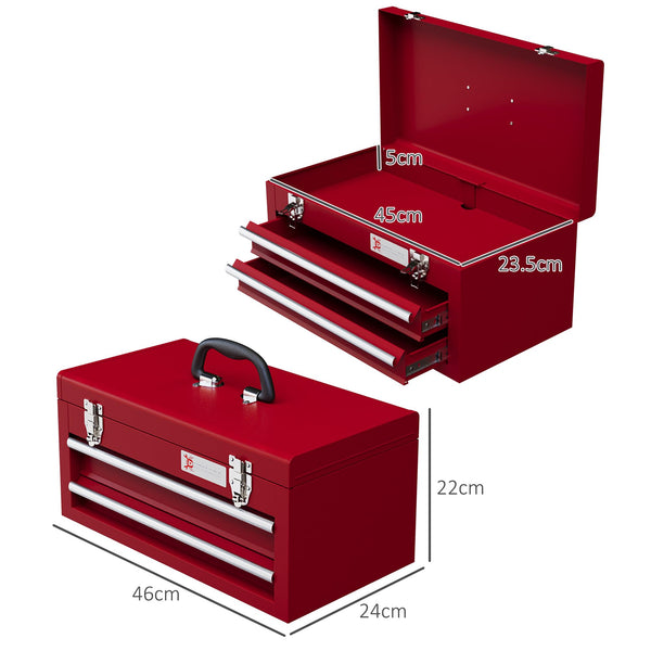DURHAND 3 Drawer Tool Chest, Lockable Metal Tool Box with Ball Bearing Runners, Portable Toolbox, 510mm x 220mm x 320mm, Red
