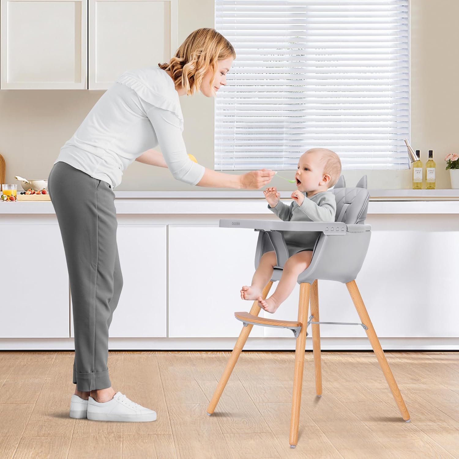 CoziBB 4 in 1 Highchair with Cat Ear, Removable 3-Position Tray, 5-Point Safety Belt Convertible Multifunctional High Chair with Removable Legs, Wooden Feeding Chair for Baby Infant Toddler (6 M-2 Y)