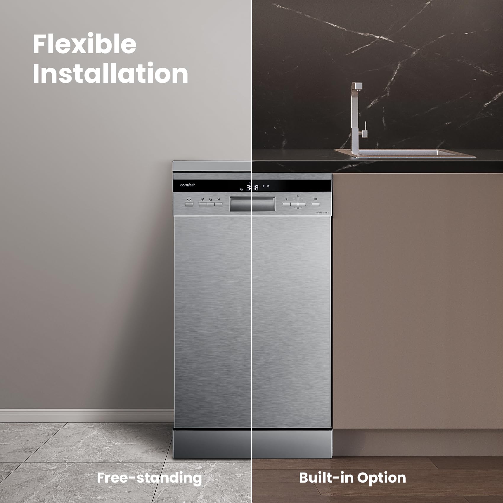 COMFEE' Freestanding Dishwasher CDWEF1034BW-UK 45cm Width, Slimline Dishwasher with 10 place settings, Quick Wash, Hygiene Wash, Delay Start, Half Load, Adjustable Basket - White