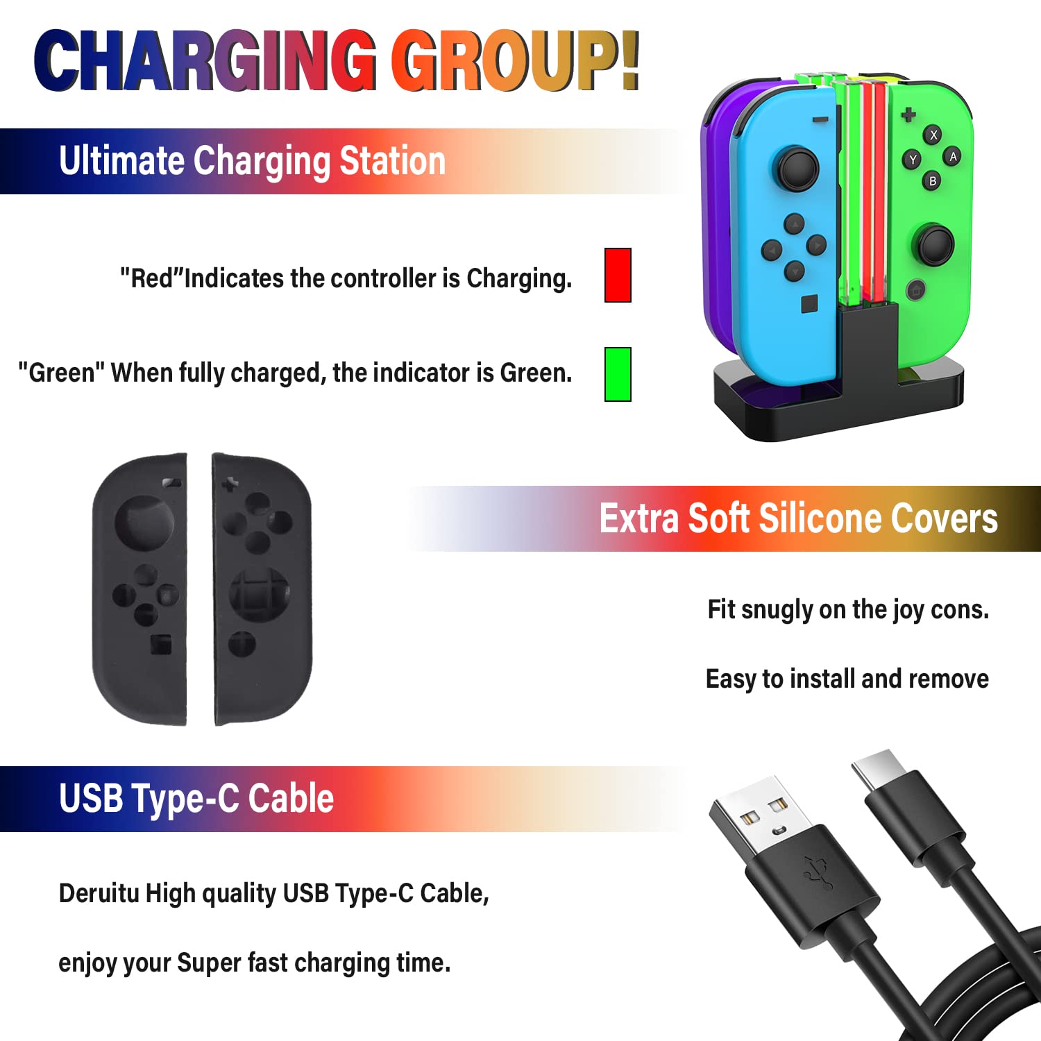 Deruitu Switch Accessories Bundle Compatible with Nintendo Switch, Kit with Carrying Case, Screen Protector, Compact Playstand, Game Case, Joystick Cap, Charging Dock,Steering Wheel