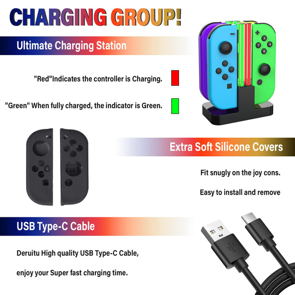 Deruitu Switch Accessories Bundle Compatible with Nintendo Switch, Kit with Carrying Case, Screen Protector, Compact Playstand, Game Case, Joystick Cap, Charging Dock,Steering Wheel