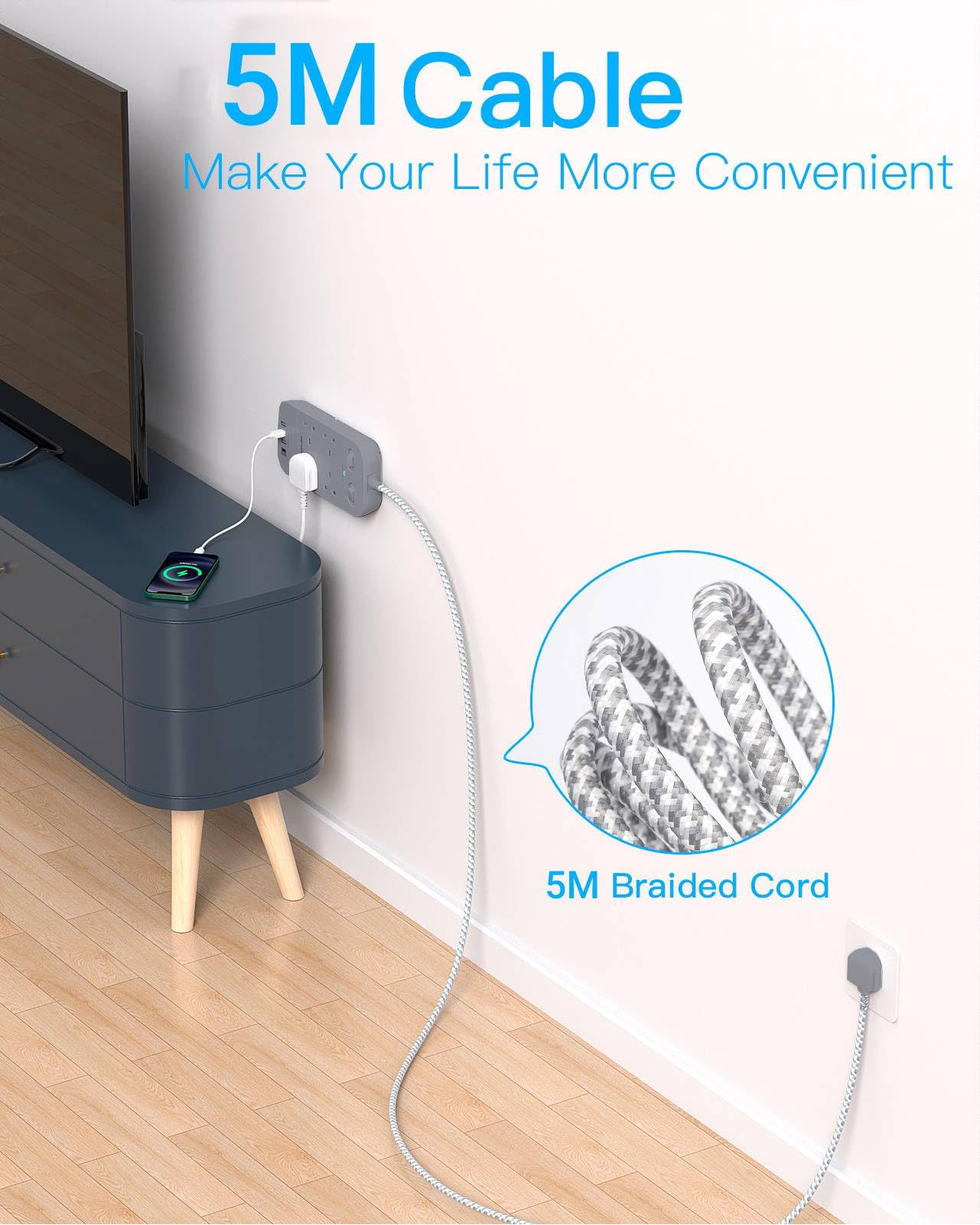 4 Way Surge Protected Extension Lead with USB Slots, HANYCONY Extension Cable with Double Switches, Plug Extension Socket 1.8M Braided Extension Cord for Home Office Accessories, Gray