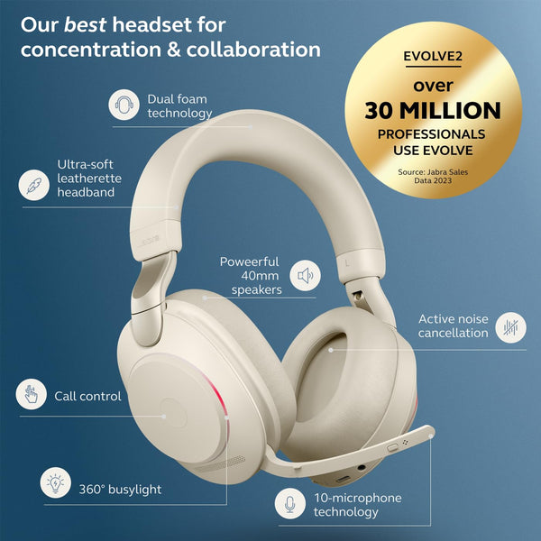 Jabra Evolve2 85 Wireless PC Headset – Noise Cancelling UC Certified Stereo Headphones With Long-Lasting Battery – USB-C Bluetooth Adapter – Black