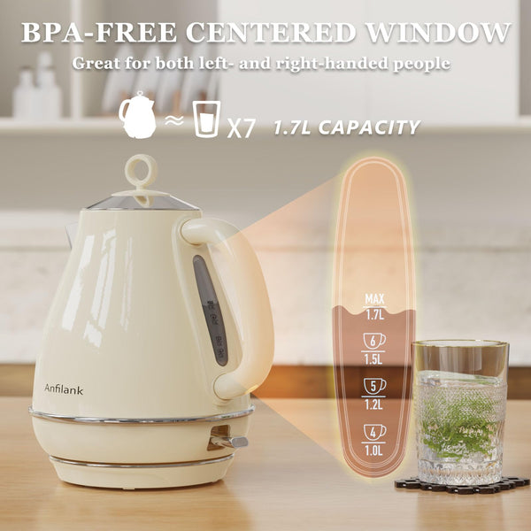 Anfilank Kettle Electric Fast Boil, 1.7L Stainless Steel Kettle with Water Filter, BPA Free, Auto Shut-Off and Boil-Dry Protection, 3000W, Cream