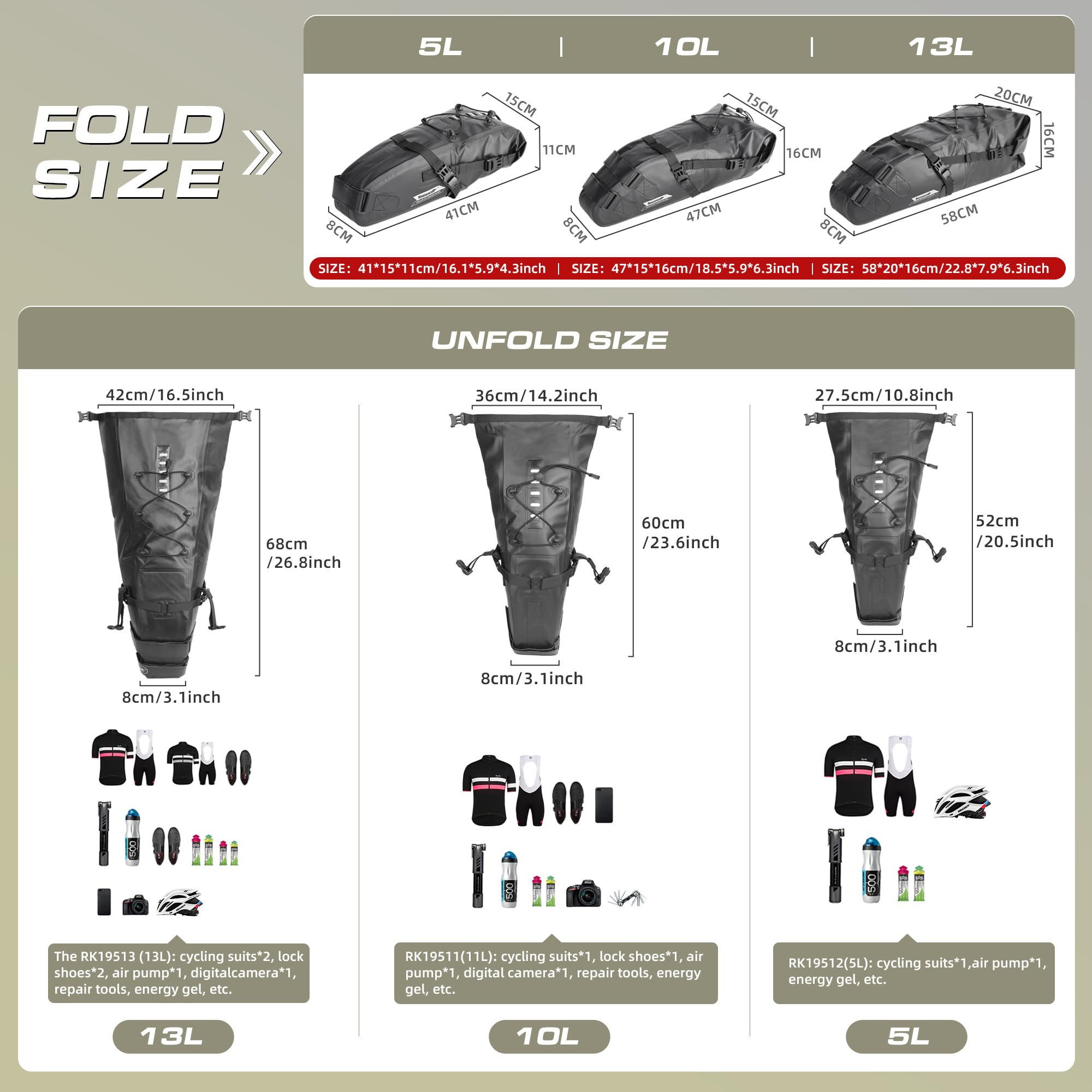 Rhinowalk Bike Saddle Bag Waterproof Bicycle Bag Cycling Seat Bag Mountain Road Portable Storage Bag, 13L