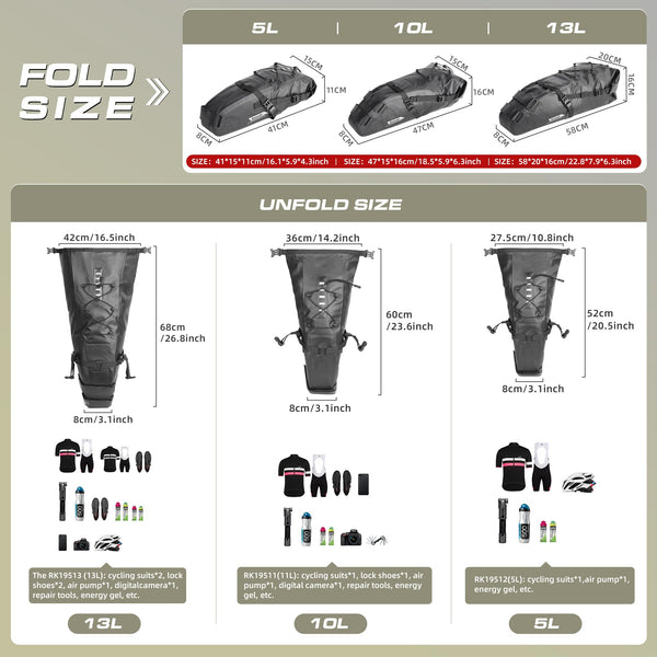 Rhinowalk Bike Saddle Bag Waterproof Bicycle Bag Cycling Seat Bag Mountain Road Portable Storage Bag, 13L