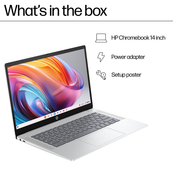 HP Chromebook 14" | Intel Processor N100 Processor| 4 GB RAM | 128 GB Flash Storage | Intel UHD Graphics | HD Display | Up to 12hrs battery | Chrome OS | Dual Speakers | Glacier Silver | 14a-nf0002sa
