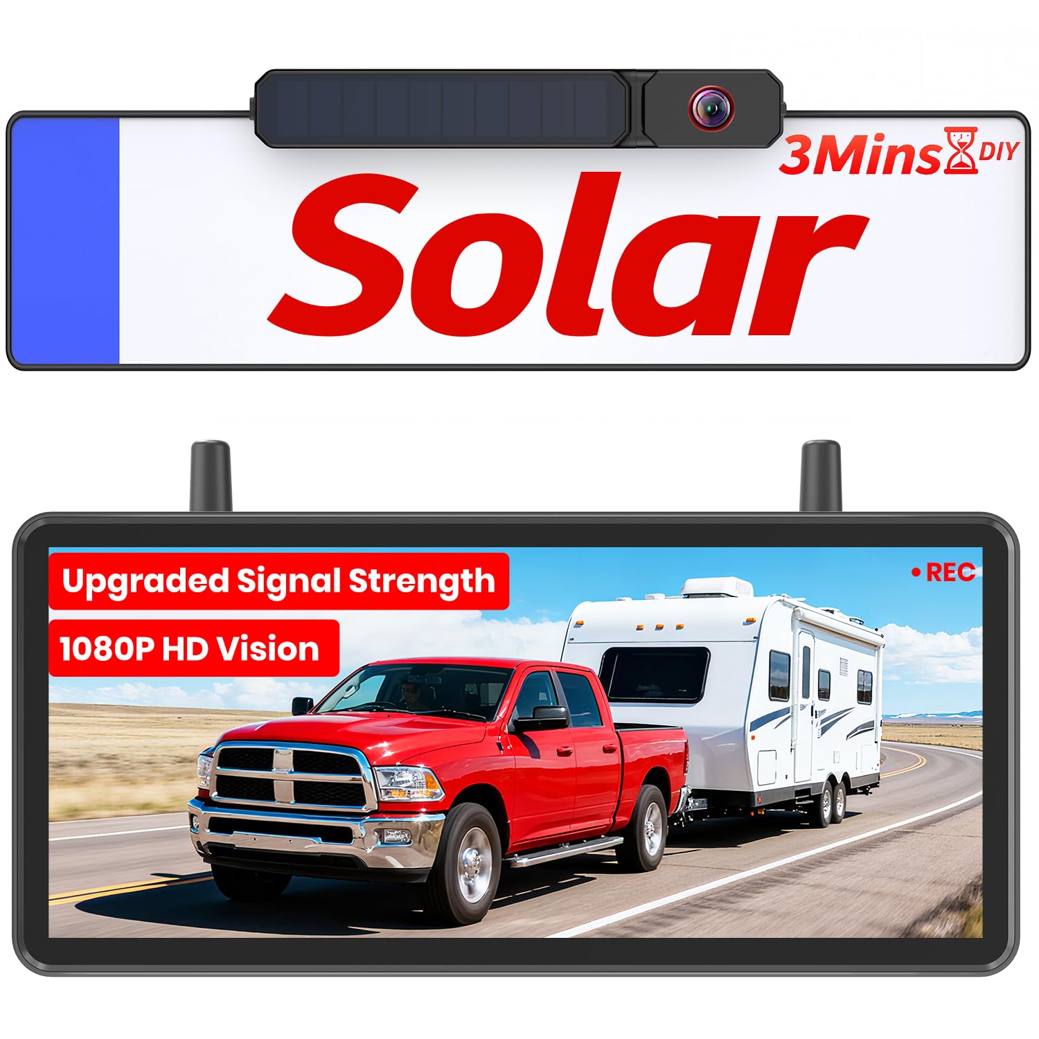 AUTO-VOX 2 Solar Wireless Reversing Camera Kit: Dual Cameras for Wider Coverage, 7.2" HD Split-Screen Monitor, Dual Antenna Signal, DVR Recording, IP69K Waterproof Reverse Camera for Van,Trailer