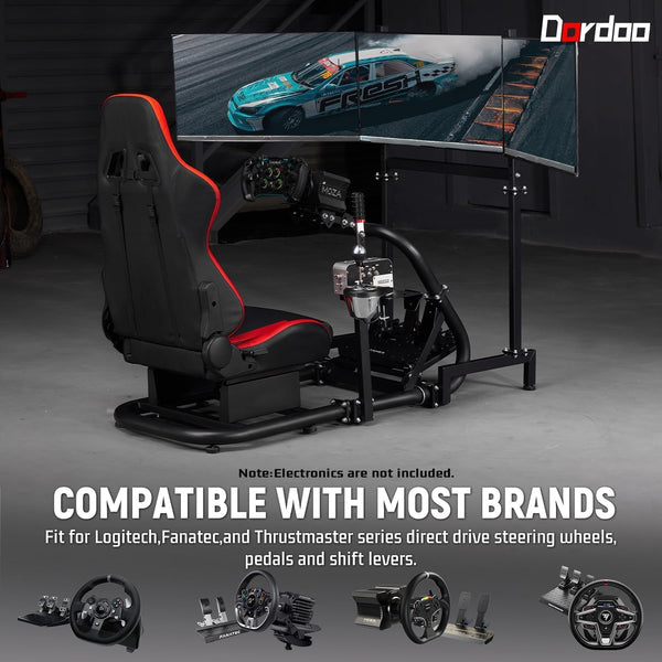 Dardoo Racing Simulator Cockpit with Triple Monitor Stand and Red Seat Fit for Logitech/Thrustmaster/Fanatec T500RS TX G29 G920 G923 CSL-DD, No Steering Wheel,Pedal,Handbrake