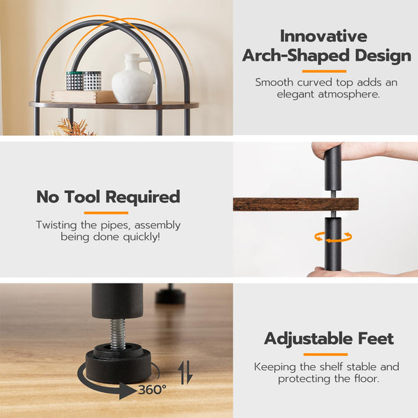 HOOBRO 5-Tier Book Shelf, Bookcase with Steel Frame, Industrial Arched Standing Ladder Shelf, Tall Storage Organizer, Storage Shelves for Living Room,