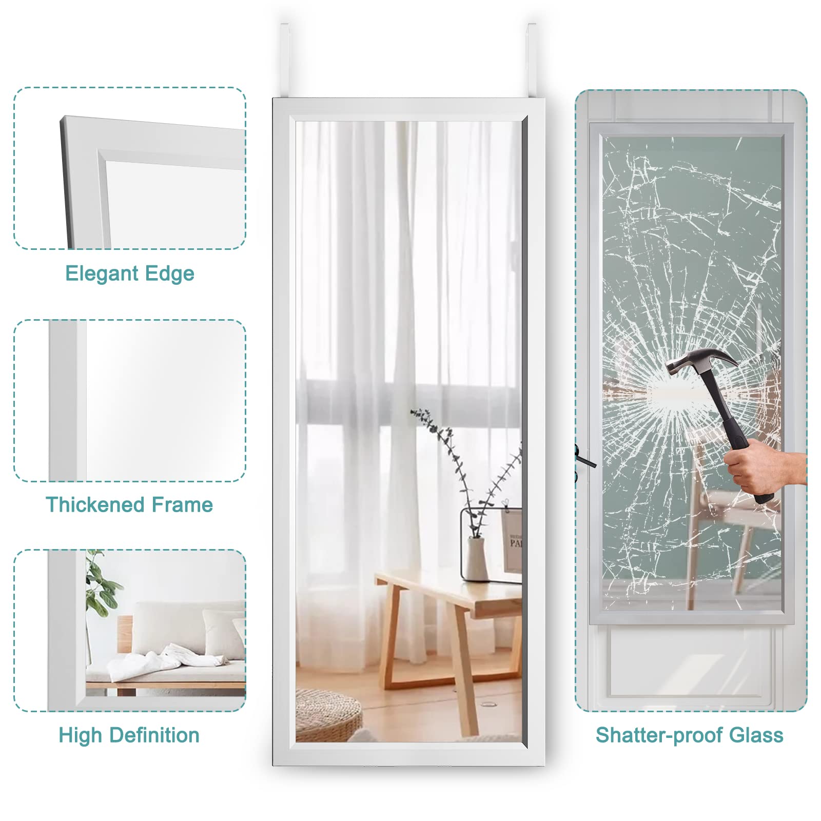 Dripex Over Door Mirror Full Length, 110 x 45cm Wall Mounted Mirror Door Hung Mirror for Bathroom/Bedroom/Wardrobe - Toughened Glass, Silver