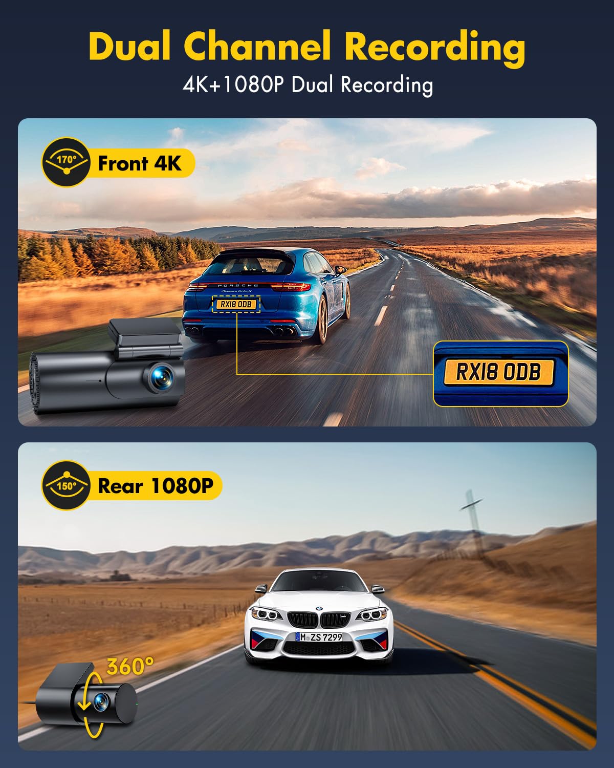 4K Dash Cam Front and Rear, 5GHz WiFi Dashcam with 64GB SD Card, Dual Car Camera Dash Cam with Parking Monitor, Night Vision, WDR, 170° Wide Angle, G-Sensor, Loop Recording, APP Control, Max 256GB