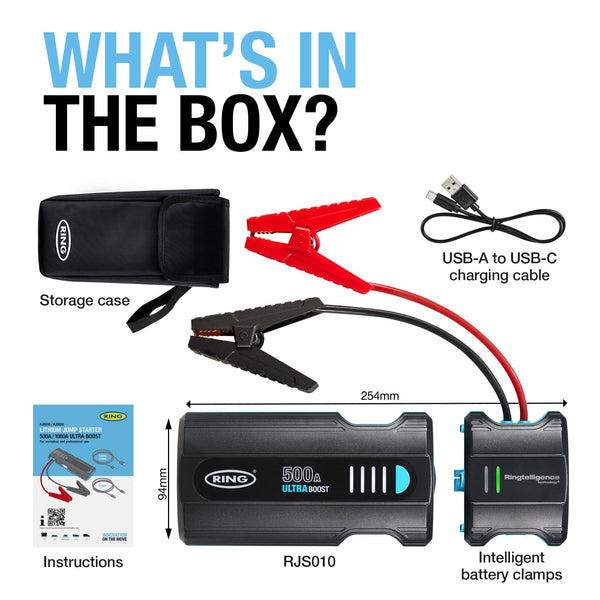 RING ULTRABOOST 1500A Car Battery Jump Starter Power Pack - Safely Starts Up to 6 Litre Petrol and 3 Litre Diesel Engines - Battery Booster with Jump Leads, Portable USB Powerbank and LED Torch