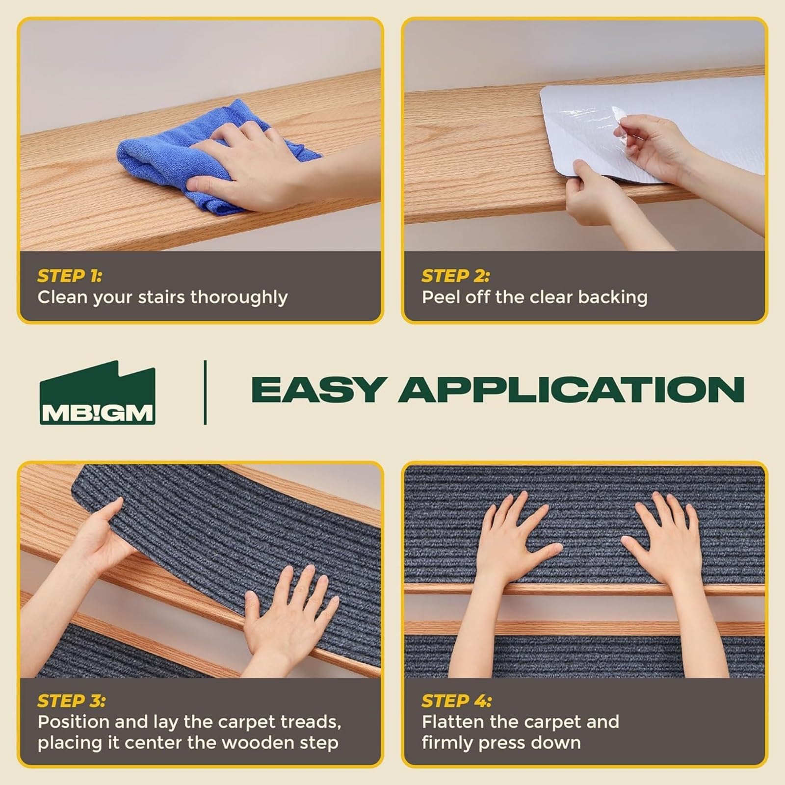 MBIGM 8" X 25.6" (15 Pack) Non Slip Carpet Stair Treads Non Skid Safety Rug Slip Resistant Indoor Runner for Kids Elders and Pets with Reusable