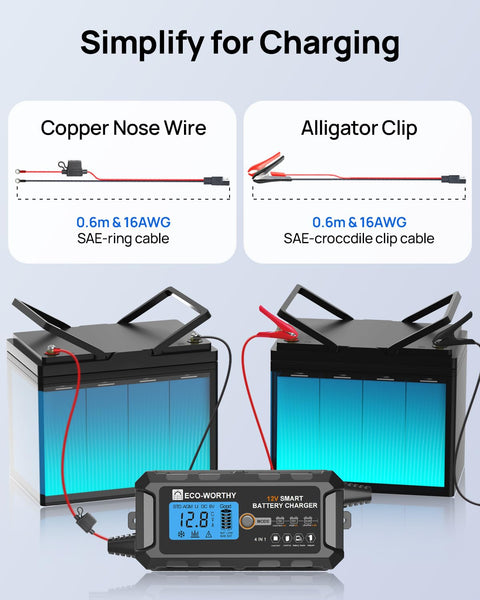 ECO-WORTHY 12V 10A LiFePO4 Battery Charger Automatic Smart and Maintainer (UK Plug) with LCD Display for Scooter Lead Acid and Lithium (LiFePO4) Battery