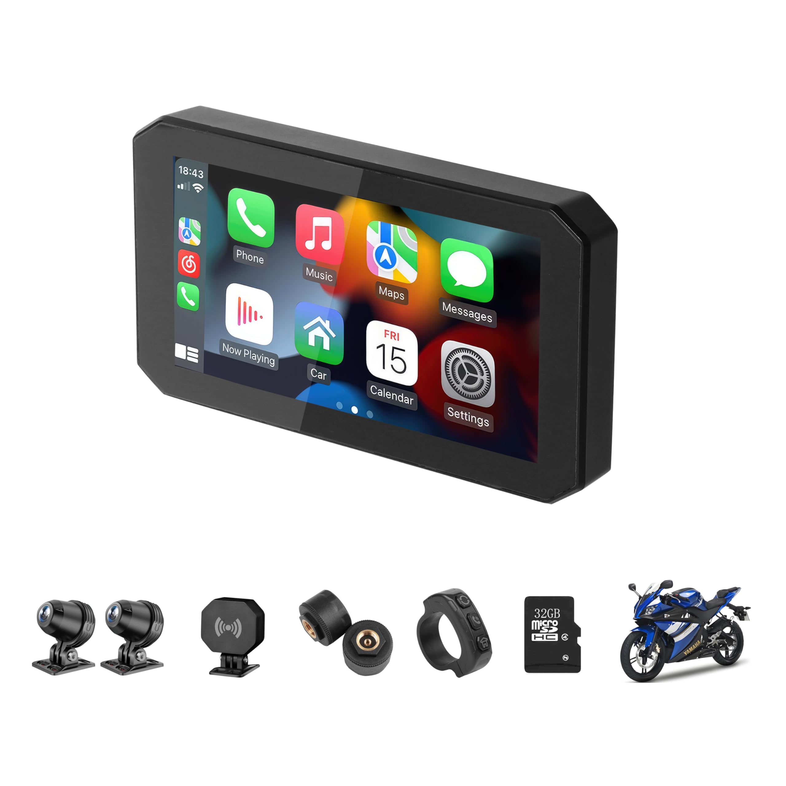 Motorcycle CarPlay Screen with 1080P Front and Rear Dash Cam,5.5" Wireless CarPlay & Android Auto GPS Navigation Touchscreen for Motorbike with BSD Radar Monitor,TPMS,IP67 Waterproof,Siri/Google