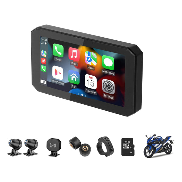 Motorcycle CarPlay Screen with 1080P Front and Rear Dash Cam,5.5" Wireless CarPlay & Android Auto GPS Navigation Touchscreen for Motorbike with BSD Radar Monitor,TPMS,IP67 Waterproof,Siri/Google
