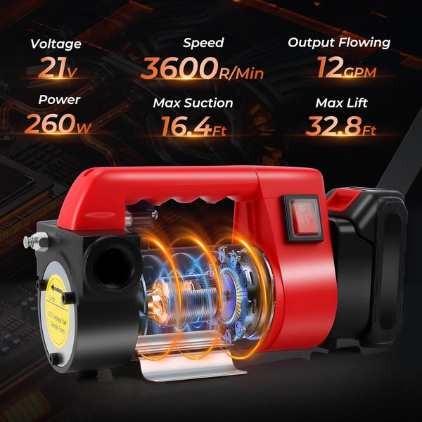 GEARLASSO 21V 260W Battery Powered Diesel Transfer Pump, Electric Fuel Transfer Pump Kit with 2000mAh Battery 12GPM Portable Cordless for Tractor Caravan Truck Boats Yachts No Hoses Included