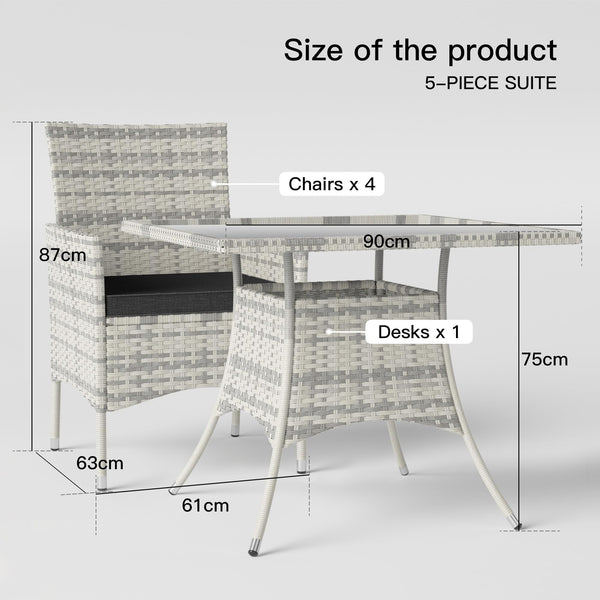 Trumbeak 4 Seater Rattan Dining Set with Cushions,Garden Furniture Set with Glass Top Table and 4 Armchairs,Outdoor Dining Table and Chairs Set for patio,Grey