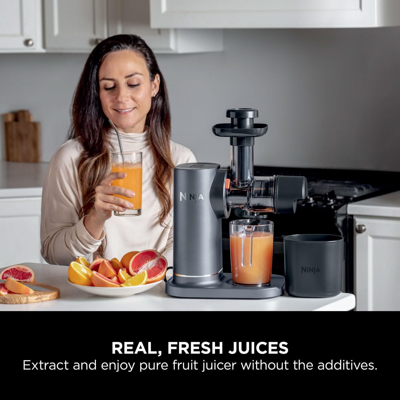 Ninja Cold Press Juicer Machine with 700ml Jug & 1.1L Pulp Container, Make Fresh Juices, Drinks & Wellness Shots, Compact, Dishwasher Safe & Removeable Parts, Grey JC151UK