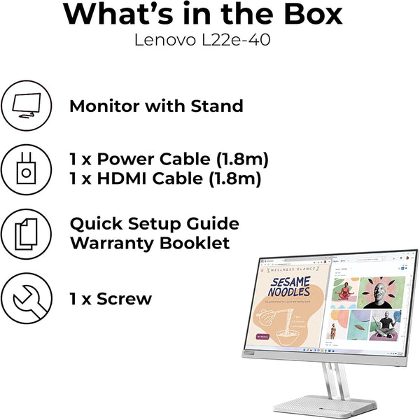 Lenovo L22e-40(G22215FL0) 22 inch PC Monitor | FHD, 1080p, 75Hz, IPS, 4ms, HDMI and VGA