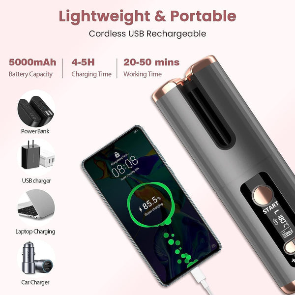 Automatic Hair Iron, Cordless Hair Curler PTC Ceramic Hair Curling Negative Ion Portable 5000mAh Rechargeable USB Anti-Tangle 6 Temperature & Timer 10min Auto Off Curling Wand for Home/Travel Use