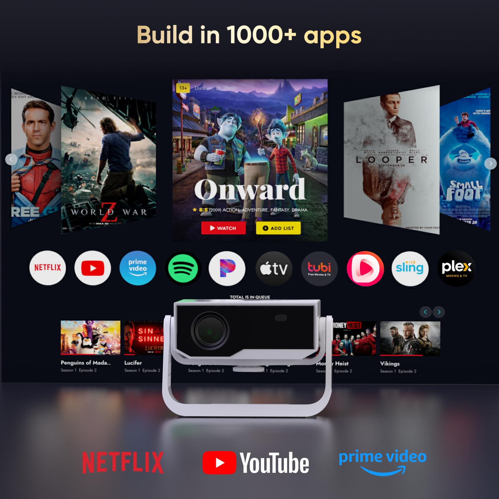 Wielio Smart Projector Built-in Apps, 500ANSI Native 1080P 4K Supported, WiFi 6 & Bluetooth 5.2, Low Fan Noise (<29.8dB), 120° Adjustable Stand, Auto Keystone, Projector for iOS/Android/PS5