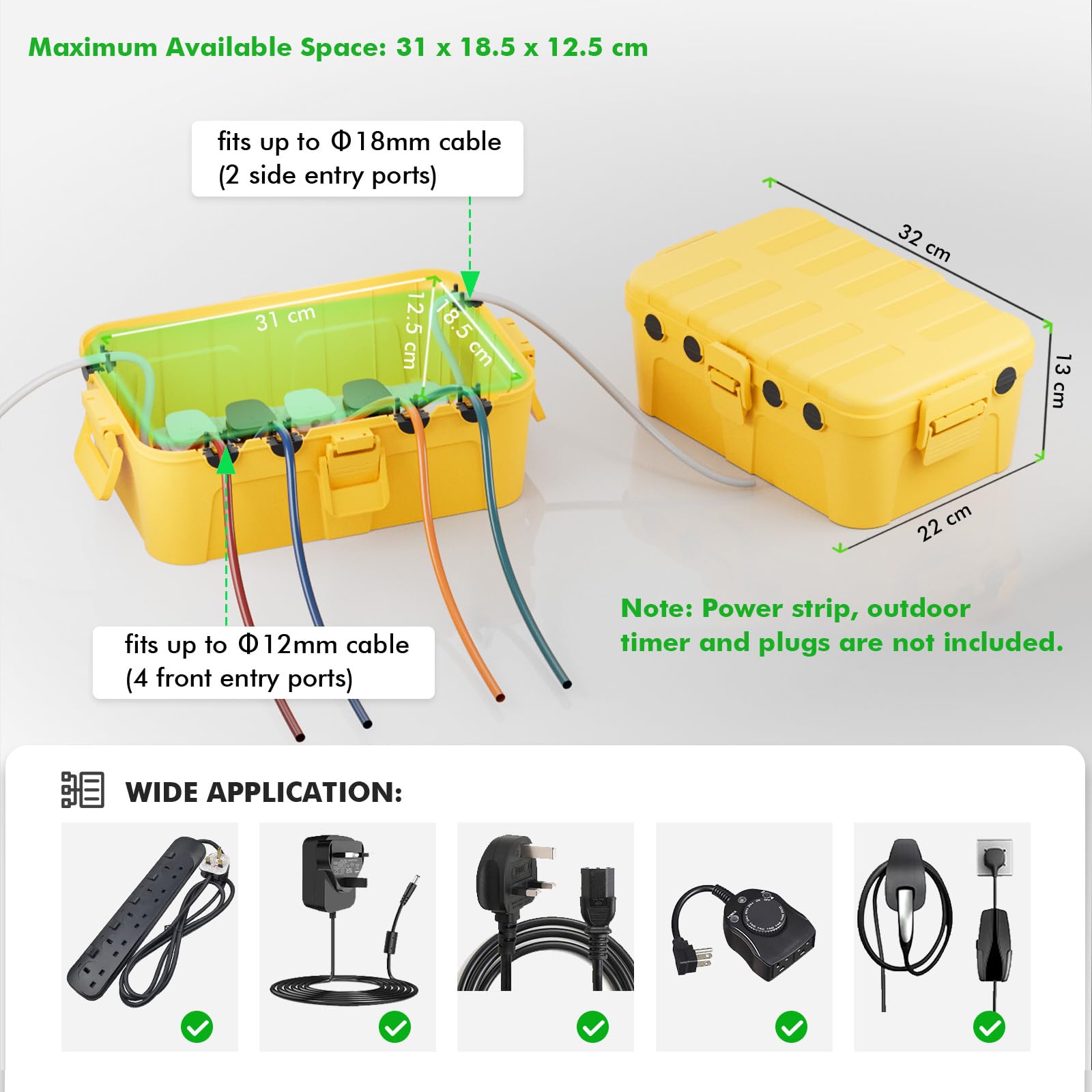 RESTMO Extra Large Waterproof Electrical Box, IP54 Weatherproof Outdoor Outlet Cover, Protect Outlet, Plug, Timer, Power Strip (Not Included), Holiday Light Decoration, 32 x 22 x 13 cm, Black