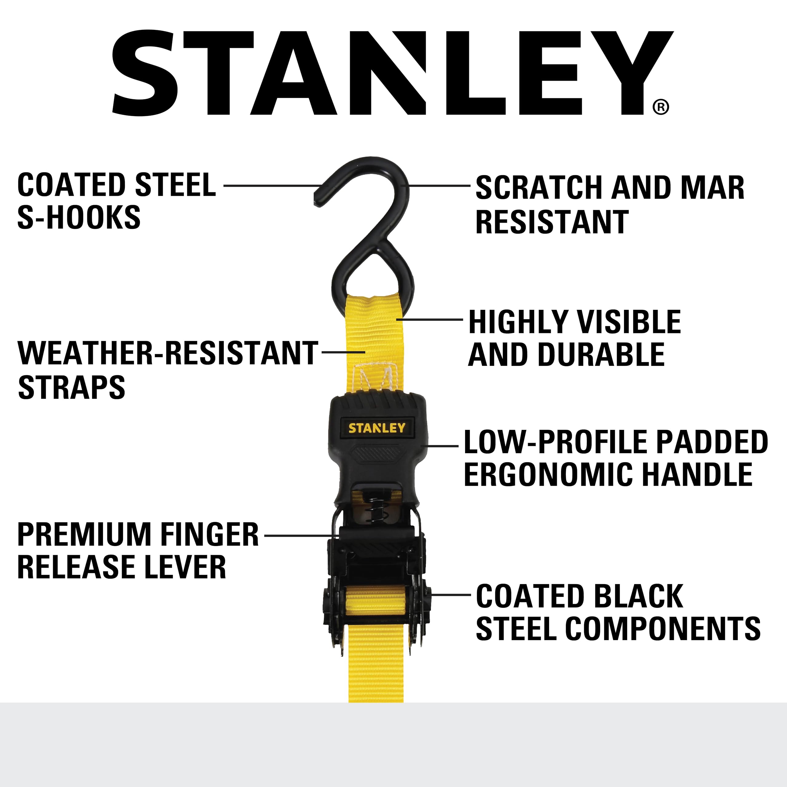 STANLEY S1007 Black/Yellow 1.5" x 16' Ratchet Tie Down Straps - 1,100 lb Safe Working Load / 3,300 lb Break Strength, 2 Pack